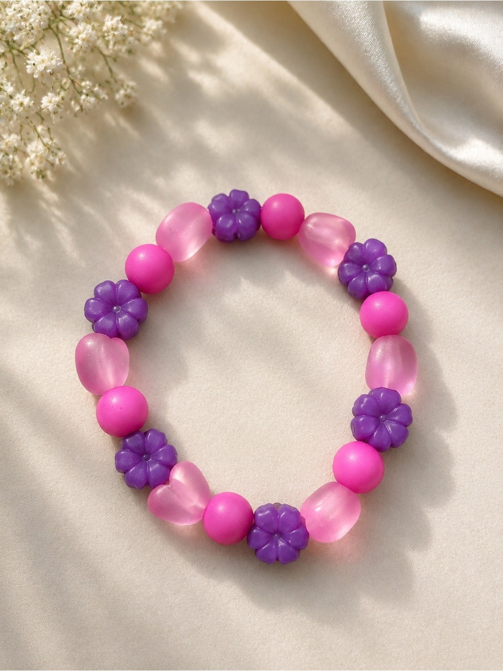 Kids Pink & Purple Flower Bead Stretch Bracelet